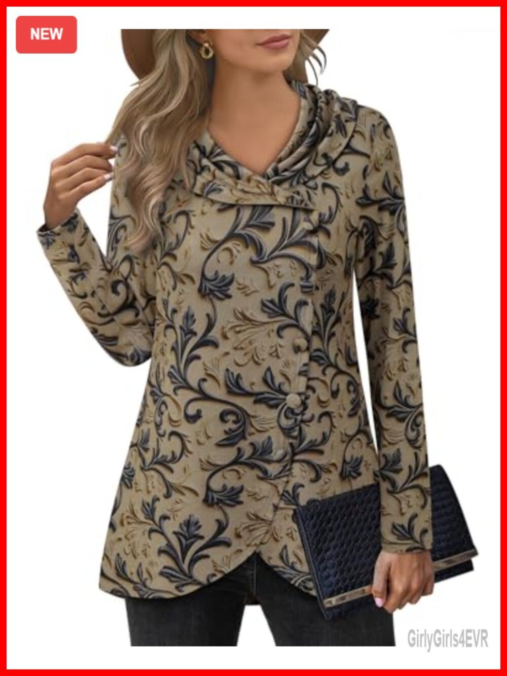 Long Sleeve Button Side Tulip Hem Tunic Sweatshirt Pullover Shawl Neck